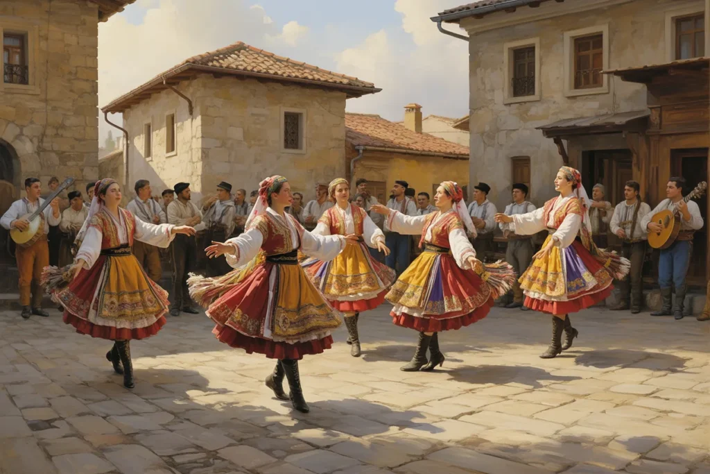 Group of women in colorful traditional dresses dancing in a sunny village square while musicians play in the background.