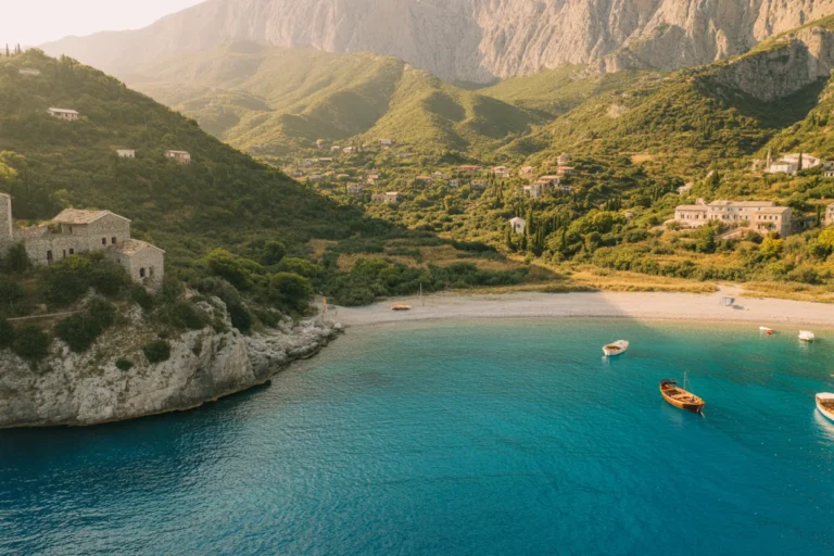Turquoise bay with a sandy beach, anchored boats, and a hillside village surrounded by green mountains.