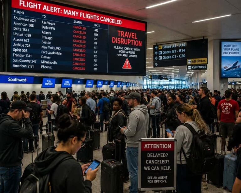 Crowded airport terminal with a large red flight-cancellation board and a Travel Disruption notice above travelers with luggage.