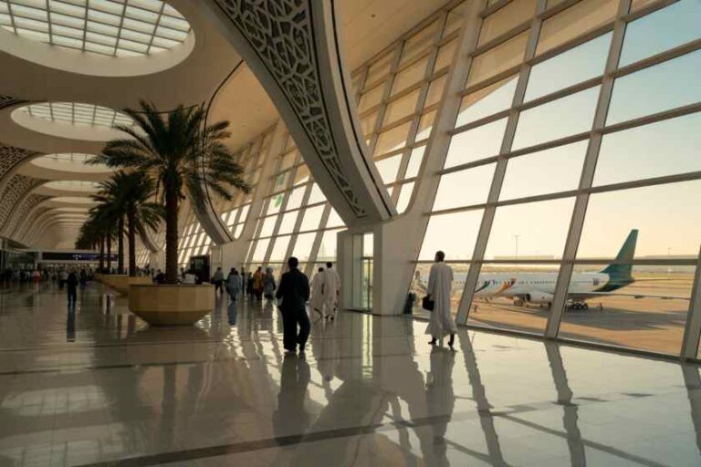 Bright airport terminal with curved ceiling, palm trees, and a plane visible outside through large glass windows.