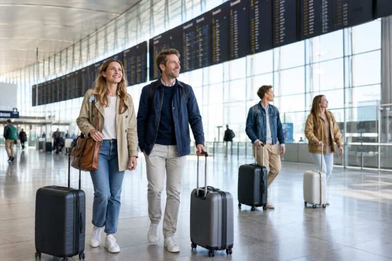 Group of travelers walking through a bright airport with rolling suitcases beneath a flight information board, smiles on their faces.
