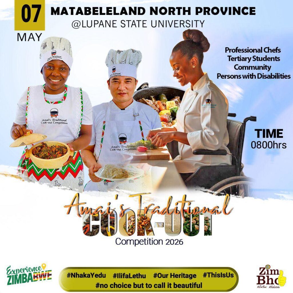 Event poster for Ama's Traditional Cook-out Competition 2026, showing three people in chef outfits preparing food, with one person in a wheelchair, against a sky-blue background. Text includes: '07 May', 'Matabeleland North Province @ Lupane State University', 'Time 0800hrs', and hashtags/branding at the bottom.