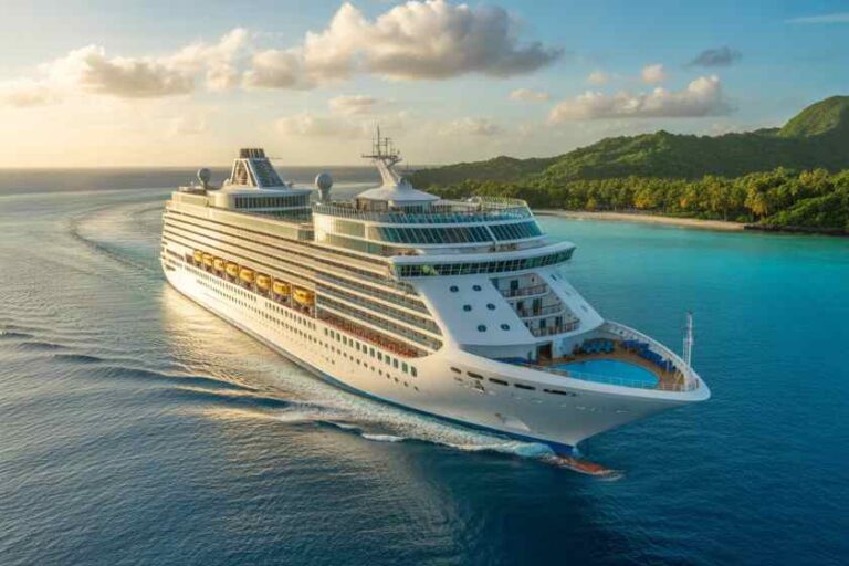 Luxurious white cruise liner cruising near a tropical island with turquoise water and green hills in the background.