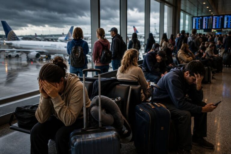 Group of travelers waiting at an airport gate; several people sit with heads in hands, bags around them as planes taxi outside.