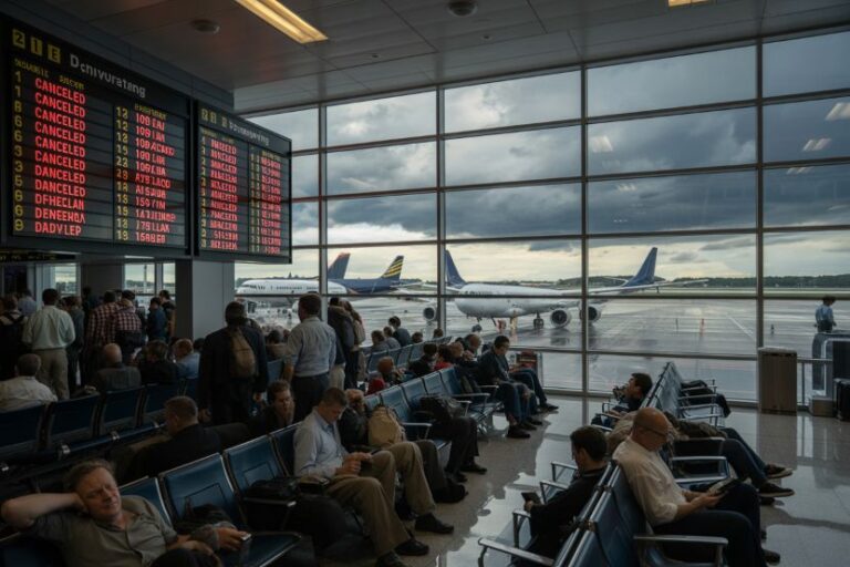 Crowded airport gate area with passengers waiting; a large flight status board and planes visible through the glass walls outside.