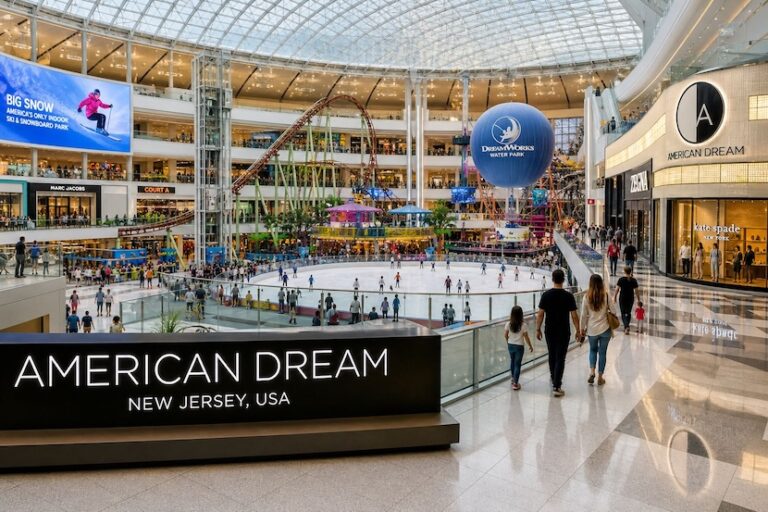 Indoor shopping mall with a large ice rink at center, shoppers skating under a glass atrium in American Dream, New Jersey.