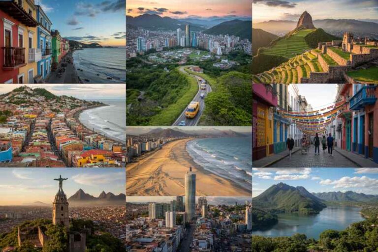 Collage of nine travel scenes from around the world: beaches, cities, hillside rail, and colorful streets at dusk and daylight.