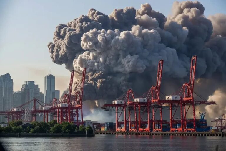 Massive dark smoke plume rising from a shipping port with red gantry cranes and containers, city skyline in the background.