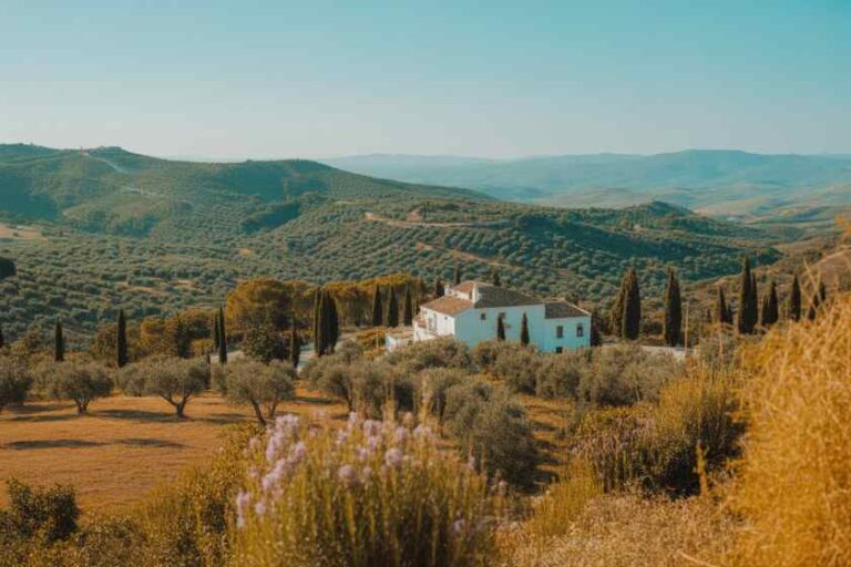 White farmhouse nestled in a sunlit olive grove on rolling hills with cypress trees nearby.