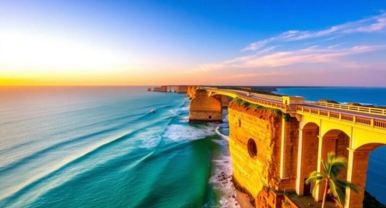 Sunset over a calm sea with a long yellow bridge spanning rugged cliffs toward the horizon.