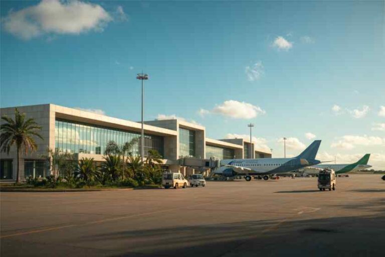 Airport terminal with glass facade and palm trees, a blue-and-white passenger plane at the gate on the tarmac under a clear sky.