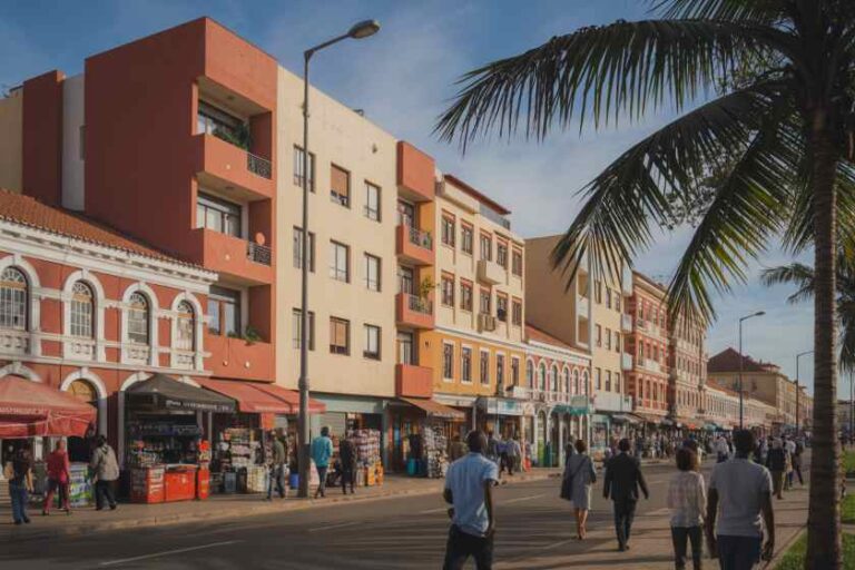 Colorful row of buildings along a busy seaside street with shops, pedestrians, and a palm tree on the right.