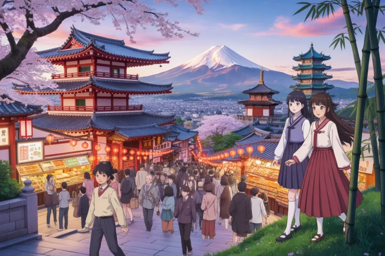 Two girls in school uniforms stand on a hillside overlooking a crowded Japanese festival street with lanterns, pagodas, and Mt. Fuji in the distance.