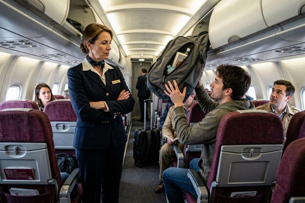 Flight attendant near seated passengers as a man lifts a backpack into the overhead bin to store luggage for takeoff or arrival.