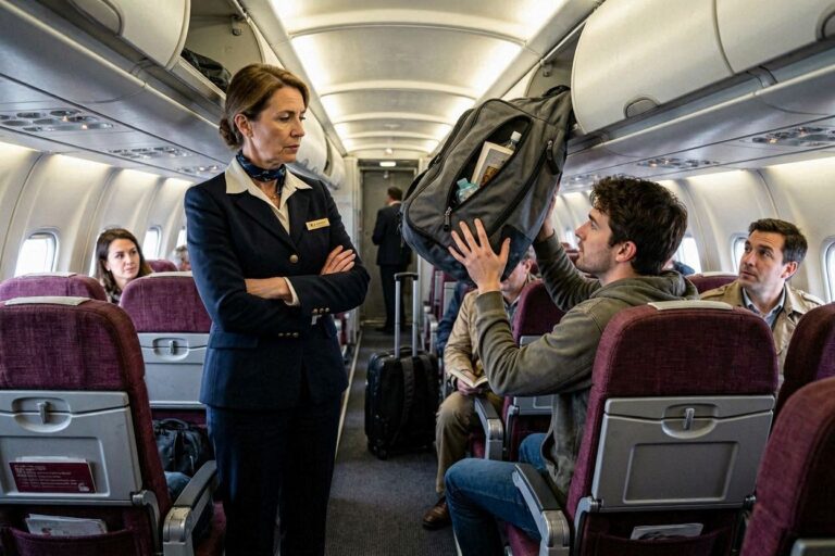 Flight attendant near seated passengers as a man lifts a backpack into the overhead bin to store luggage for takeoff or arrival.