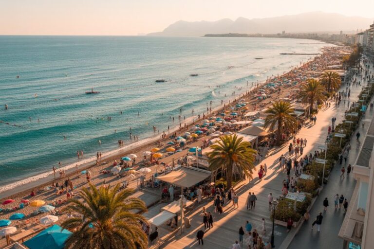 Busy seaside promenade with palm trees, colorful umbrellas, and stalls along the beach; people strolling and swimming in the clear water.
