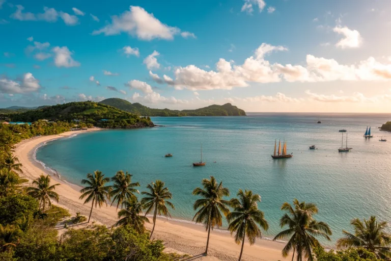 Tropical beach with white sand, palm trees along the shore, and turquoise water under a blue sky with scattered clouds.