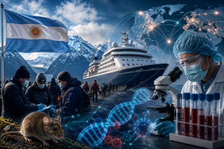 Antarctic research scene: scientists in cold weather gear collect samples near a docked cruise ship, Argentina flag waving nearby.