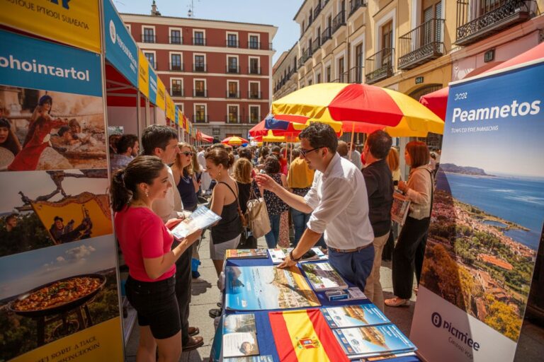 Crowded outdoor travel fair with colorful booths and umbrellas; people browse brochures at booth tables under a sunny sky.