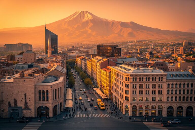 Golden hour cityscape: a busy street with historic buildings and pedestrians, backed by a snow-capped mountain at sunset.