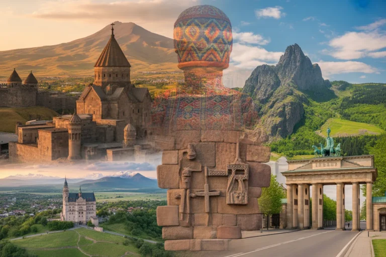 Collage of world landmarks including a medieval fortress, mountains, a stone cross sculpture, and the Brandenburg Gate in a lush landscape.
