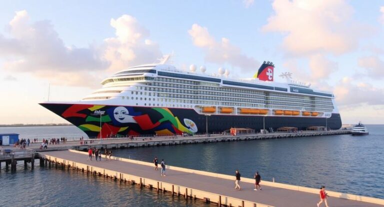 Large cruise ship docked at a pier, with colorful hull art and passengers walking along the jetty at sunset.