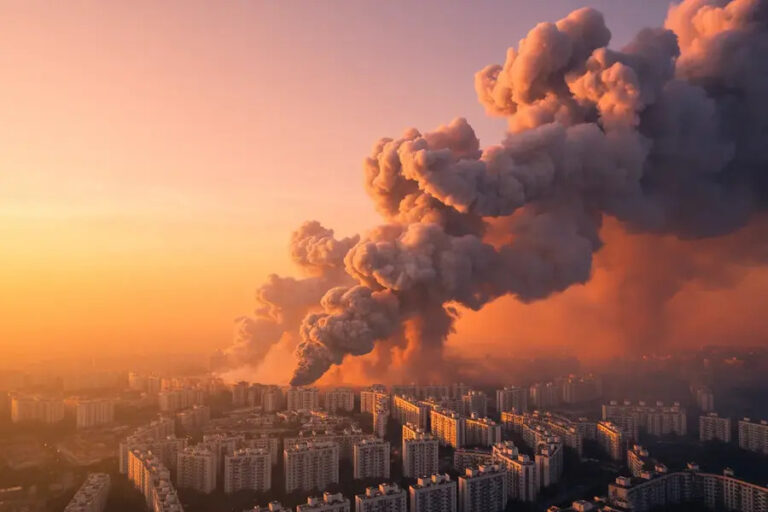 Massive plume of smoke rising over a residential city area at sunset, indicating a large fire nearby.