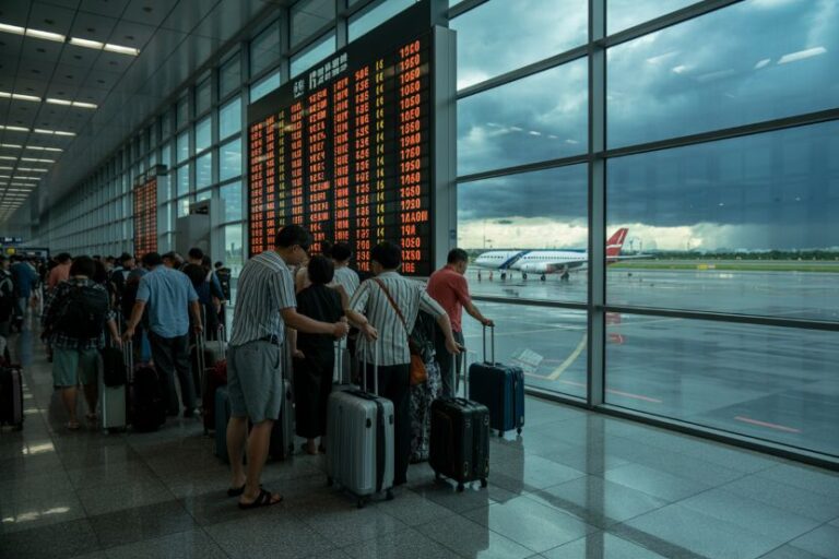 Group of travelers with rolling suitcases in an airport terminal, facing a large red-numbered departure board by a glass wall showing planes outside