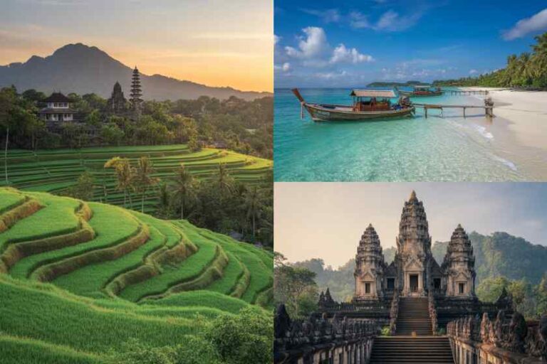 Collage of travel destinations: sunrise over rice terraces, turquoise beach with a boat, more green terraced fields, and Angkor Wat temple.