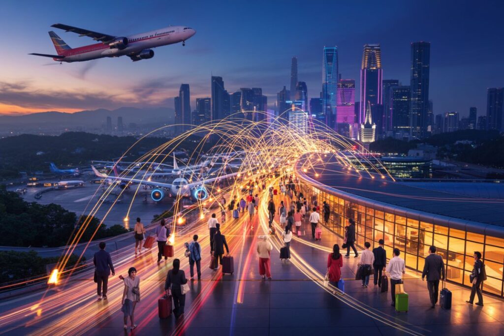 Busy airport bridge at dusk with travelers carrying luggage, light trails arching overhead, and a glowing city skyline in the background