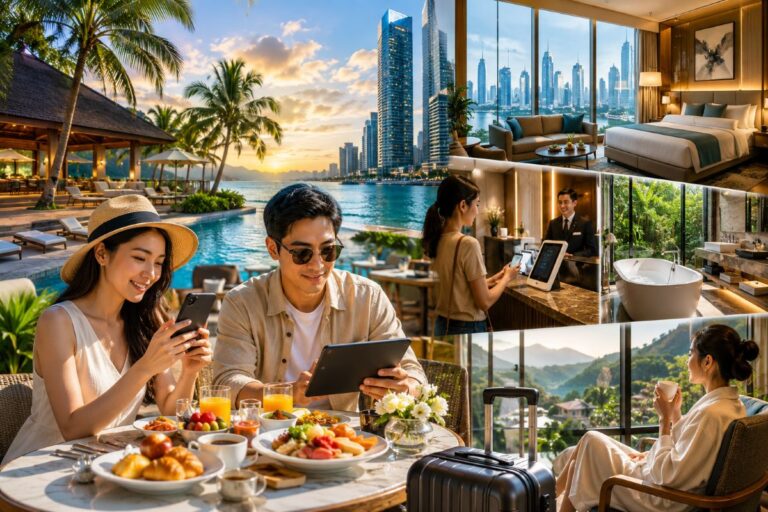 Couple enjoying a beachfront hotel breakfast with a city skyline and palm trees in the background.