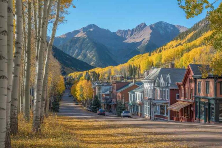 Autumn street in a mountain town: colorful storefronts line a tree‑lined main road with golden aspens and distant peaks in blue sky.