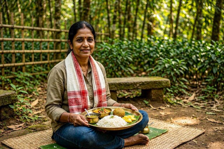 Woman sitting cross-legged on a mat outdoors, holding a thali with rice and curry, smiling at the camera.