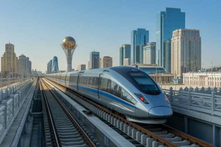 High-speed train on elevated tracks with a modern city skyline in the background.