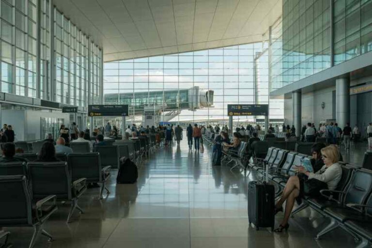 Busy airport concourse with glass walls, rows of seats, and travelers with luggage.