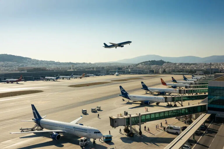 Busy airport tarmac with several airplanes parked at gates and one aircraft taking off against a blue sky.