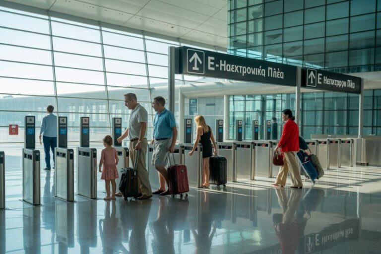 Travelers with rolling suitcases wait at electronic gate checkpoints in a bright airport terminal.