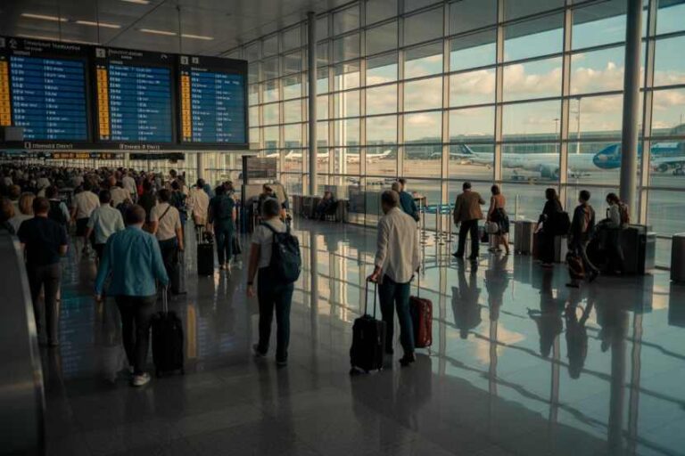 Busy airport terminal with travelers standing in line, luggage, and departure boards overhead, planes visible outside through glass walls.