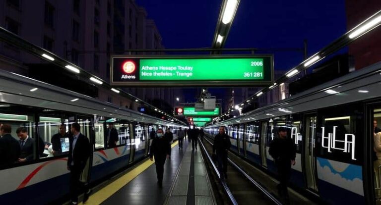 Platform view of a modern metro station at night with two blue trains on either side and a green overhead display showing destinations like Athens neos touloy— Nice