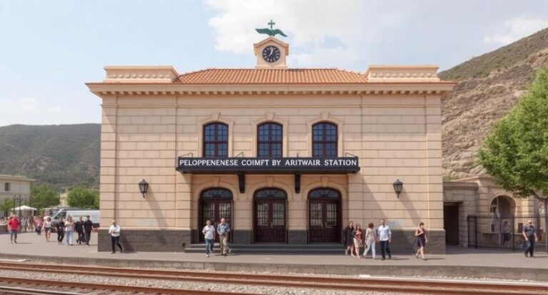 Front view of a beige stone train station with a clock tower, arched doors, and people standing on the platform.