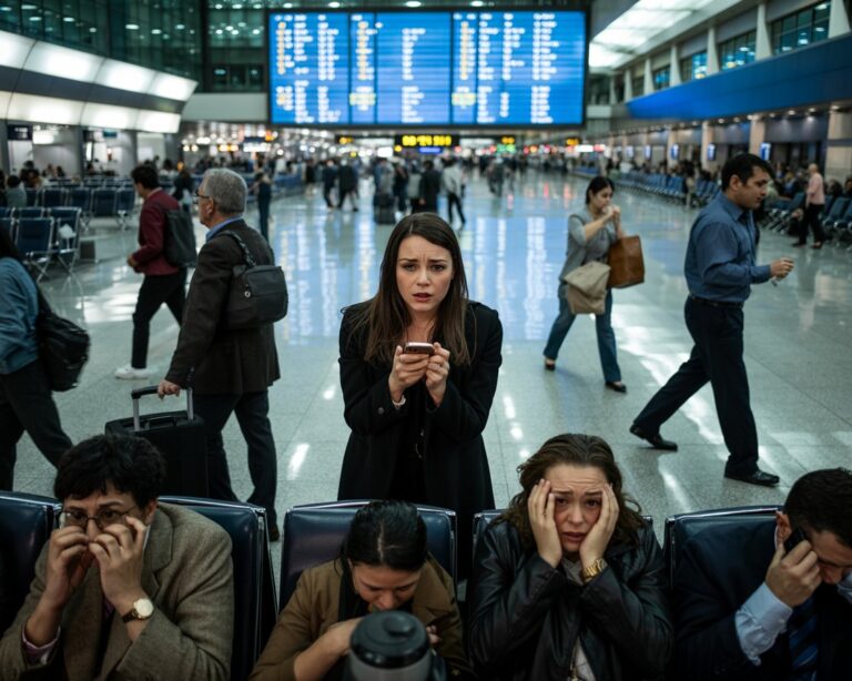 Crowded airport terminal with a woman in a black jacket standing and looking at her phone as passengers sit and wait, a large blue flight board behind her.
