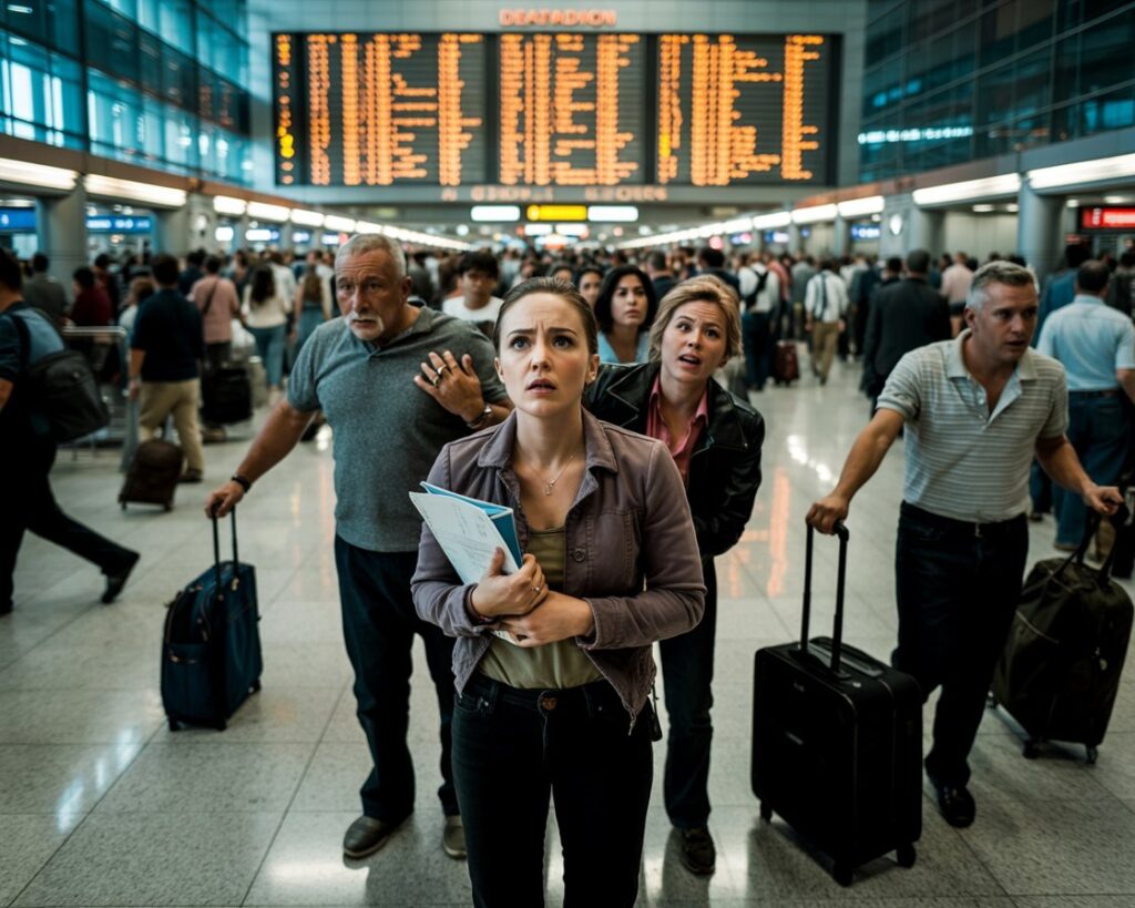 A young woman in the foreground holds documents while surrounded by anxious travelers with suitcases in a crowded airport terminal.