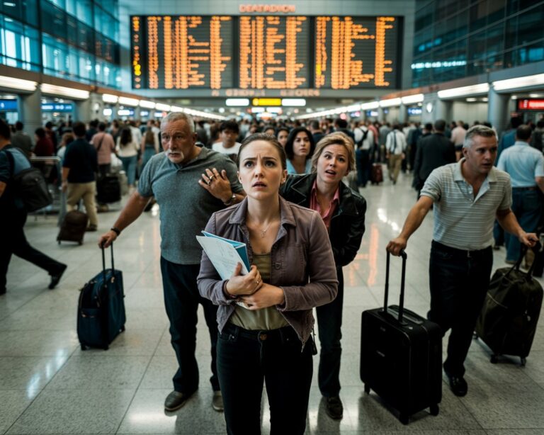 A young woman in the foreground holds documents while surrounded by anxious travelers with suitcases in a crowded airport terminal.