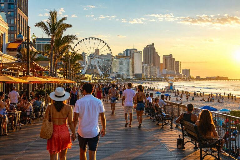 Couple walking hand in hand along a sunny seaside boardwalk with palm trees, a ferris wheel, and a city skyline at sunset,