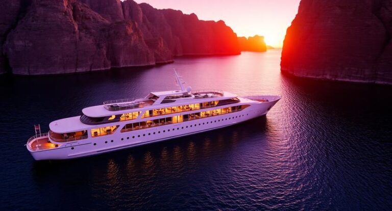 White luxury motor yacht cruising in dark blue water between red canyon walls at sunset, lights on inside.
