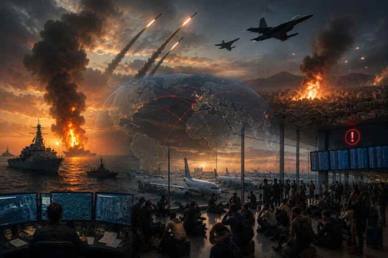 Global war scene: explosions at sea and on land, fighter jets overhead, and a digital globe overlay amid a crowded command center with monitors and soldiers.