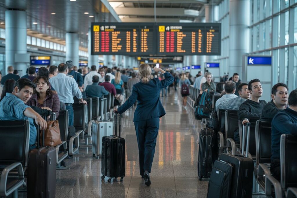 Busy airport terminal with a departure board overhead; a woman in a blue suit walks down the aisle pulling a suitcase.