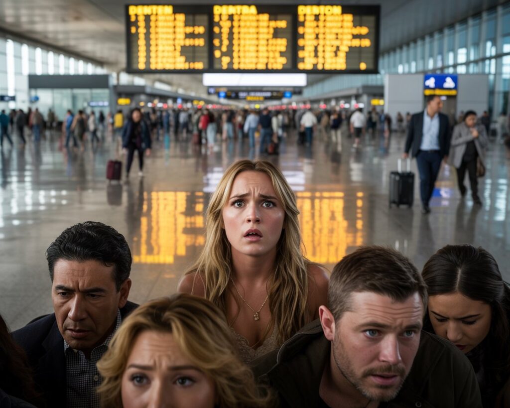 A group of anxious travelers crouch behind luggage in a crowded airport, with a bright departure board overhead.