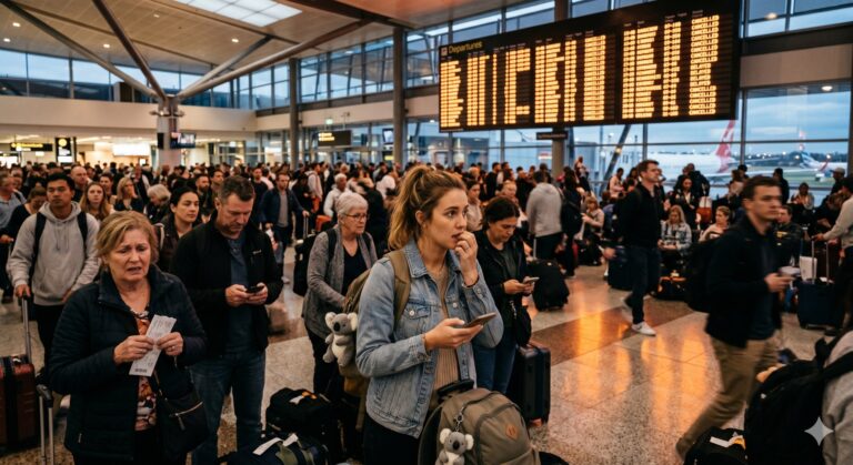 Crowded airport terminal with travelers waiting and a large departures board overhead on a glass-fronted concourse.