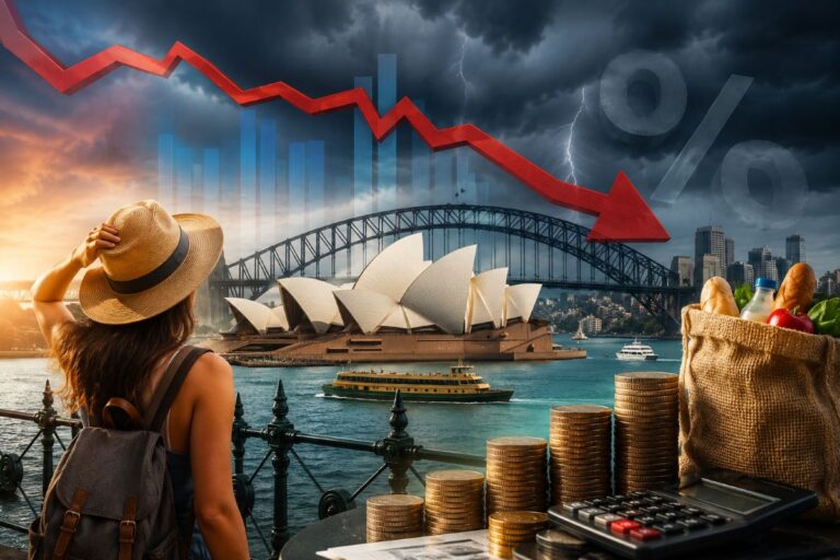 Tourist overlooking Sydney landmarks with a red downward stock-arrow across a stormy sky, groceries, and coins on a table—implying travel costs fall or volatility.